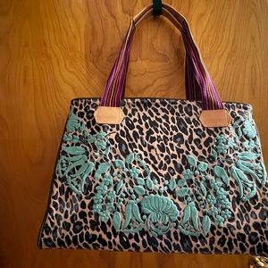 Consuela Grande Tote Bag Leopard Print Teal Floral Embroidery Travel Bag -